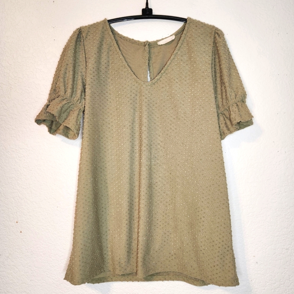 REB. in J. Elegant Mossy Green Swiss Dot V-Neck Women's‎ Top